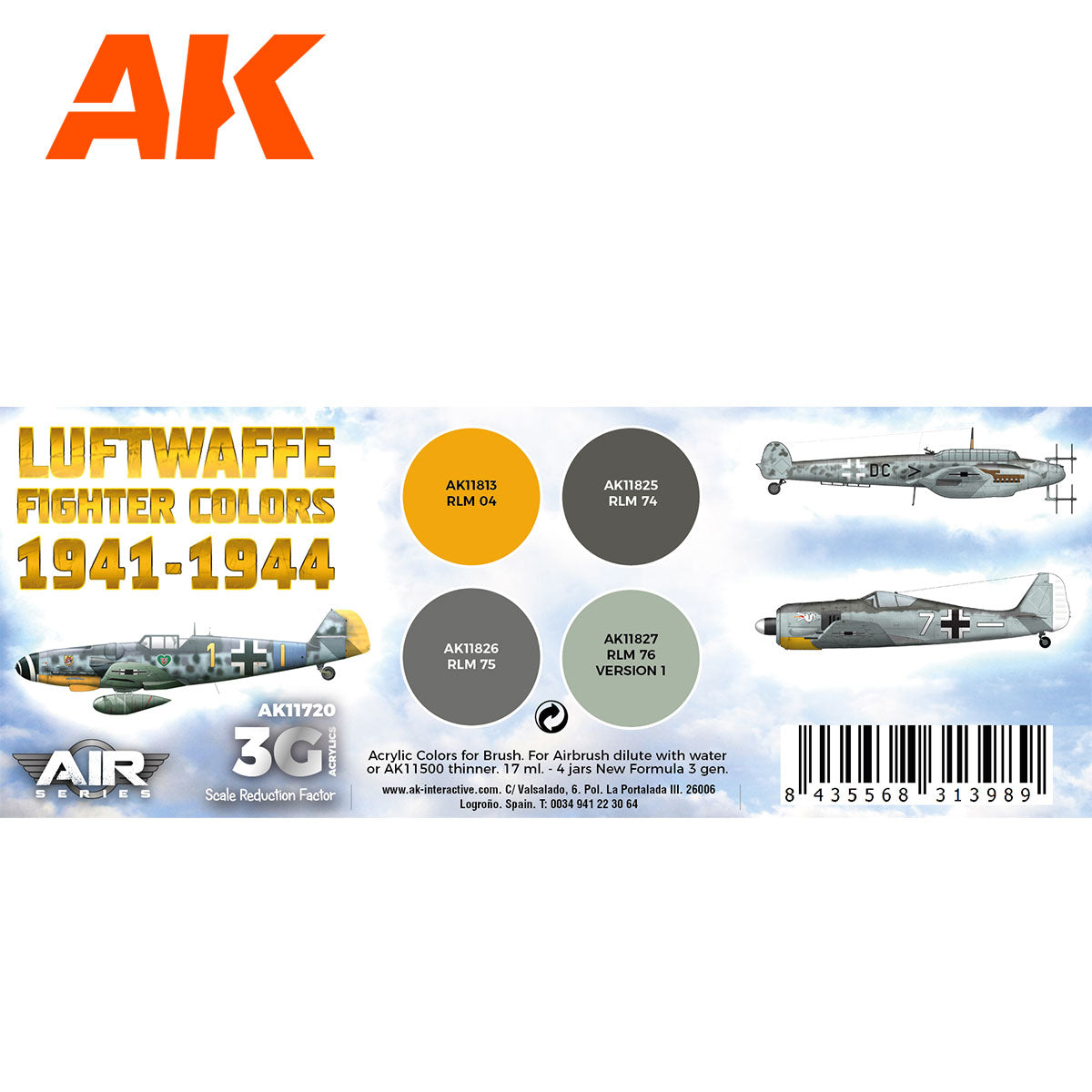 AK Interactive 3rd Gen Aircraft Paint Set - Luftwaffe Fighter Colors 1941-1944 Set