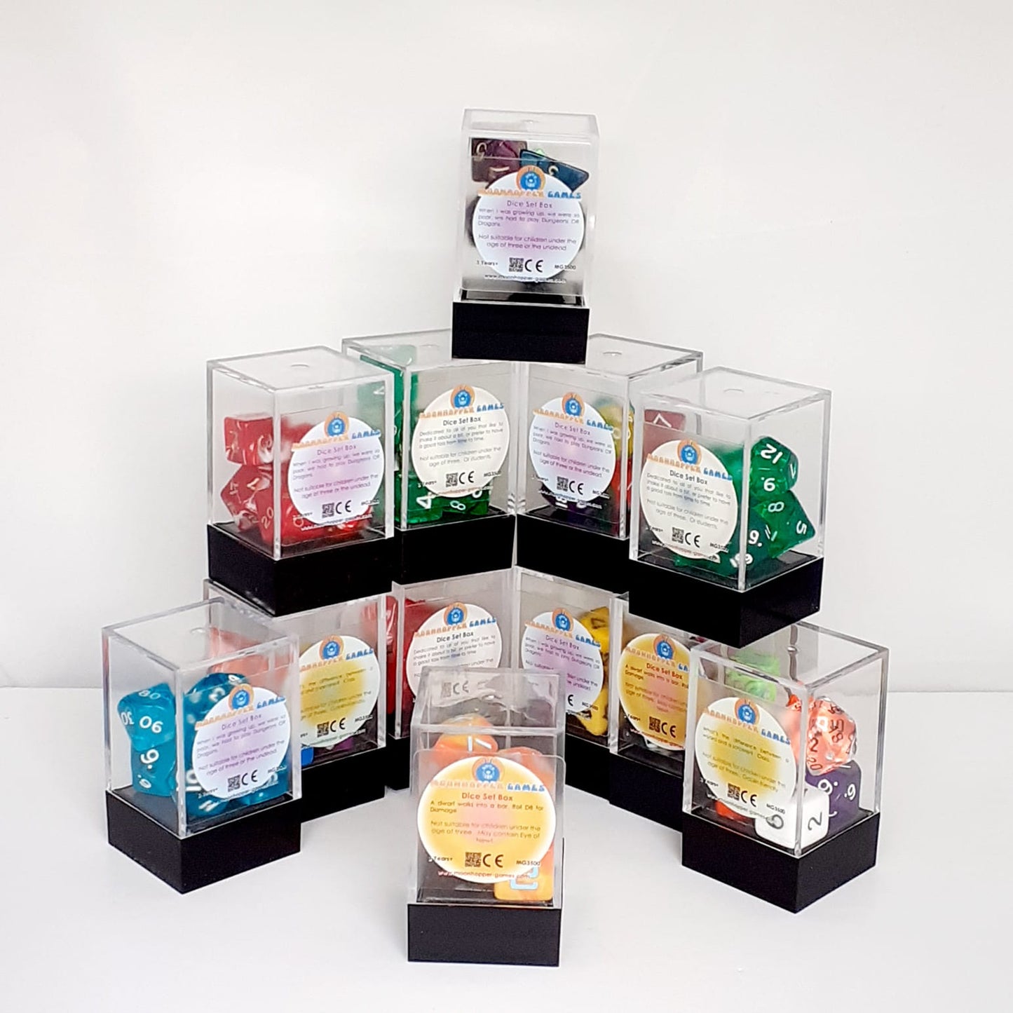 A good value for money dice set - contains a D4, D6, D8, D% (Damage), D12 and D20 dice.