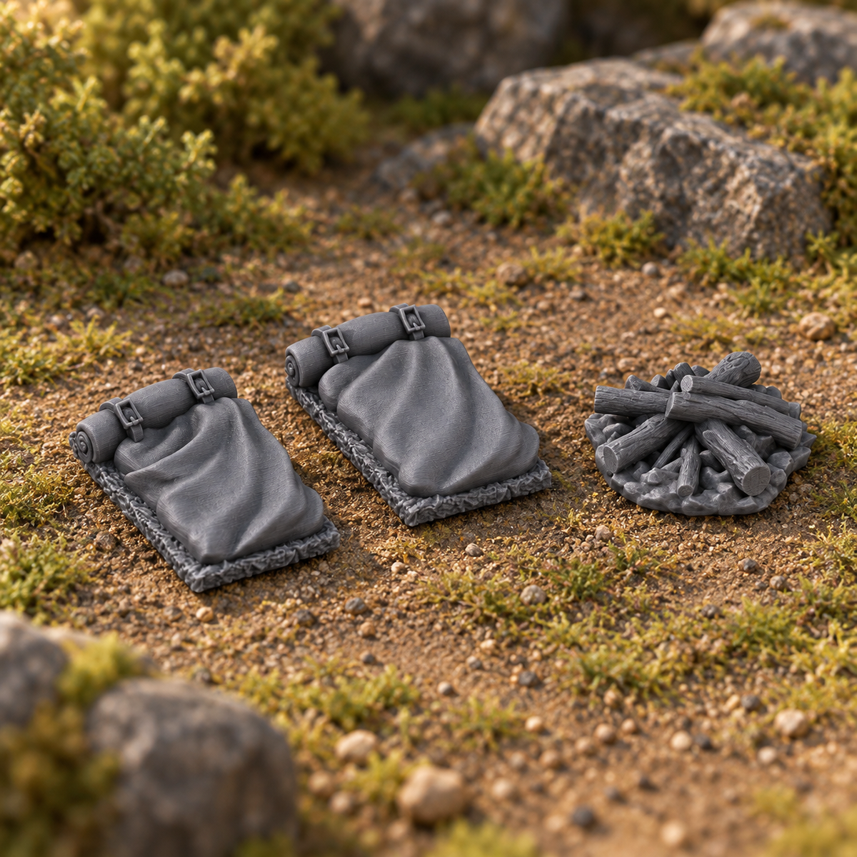 Camping Set 28mm DND Scatter Terrain | Tabletop Wargaming Scenery for Frostgrave & RPG | Unpainted 3D Printed