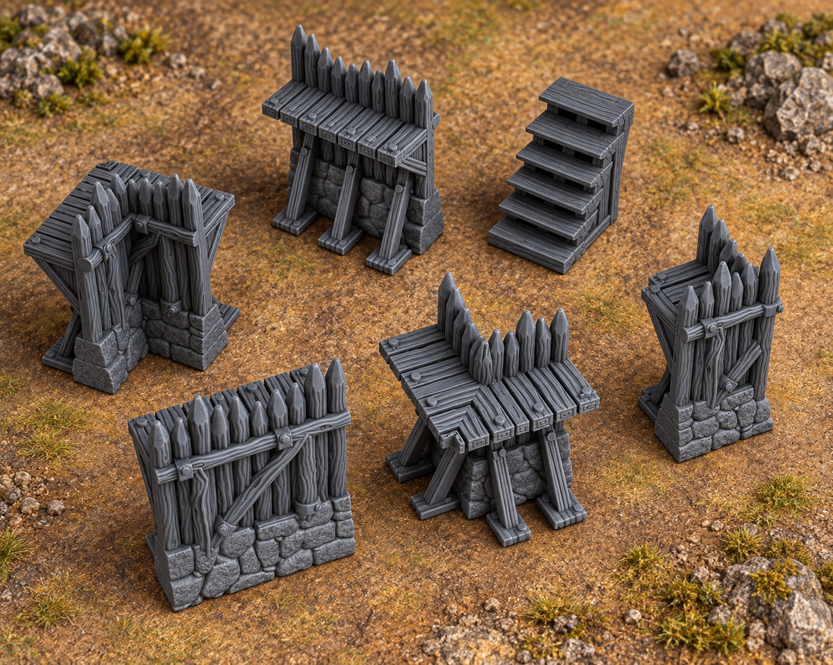 Palisade Set 28mm DND Terrain | Tabletop Wargaming Siege Wall Scenery for Frostgrave & RPG | 3D Printed