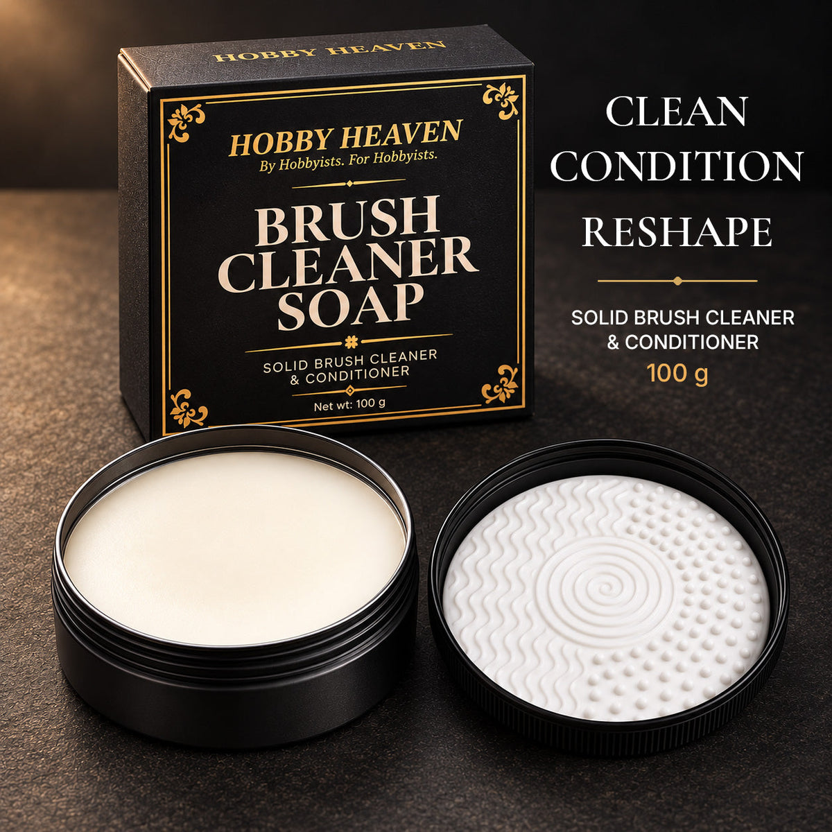 Hobby Heaven Brush Cleaner Soap 100g — Solid Brush Cleaner & Conditioner with Silicone Pad Lid