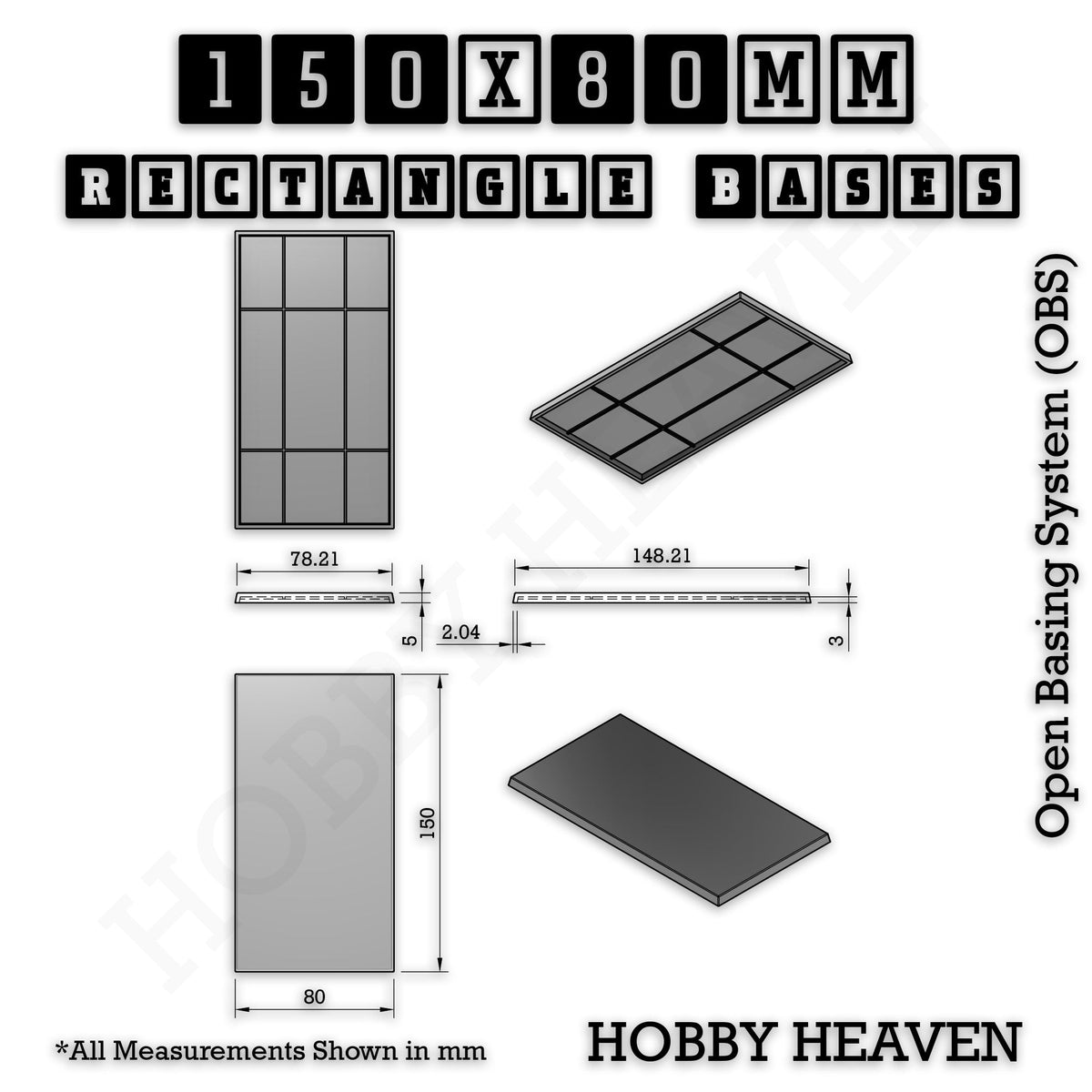 Rectangle Bases Range Sizes - 125x50mm to 200x175mm Large Sizes 3d Print Full Range Tabletop Games