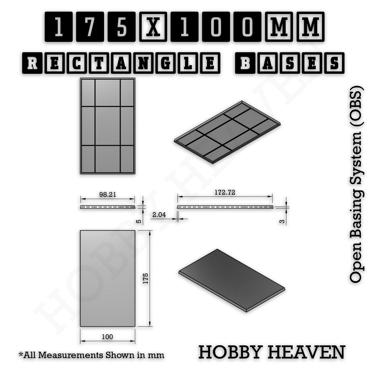 Rectangle Bases Range Sizes - 125x50mm to 200x175mm Large Sizes 3d Print Full Range Tabletop Games