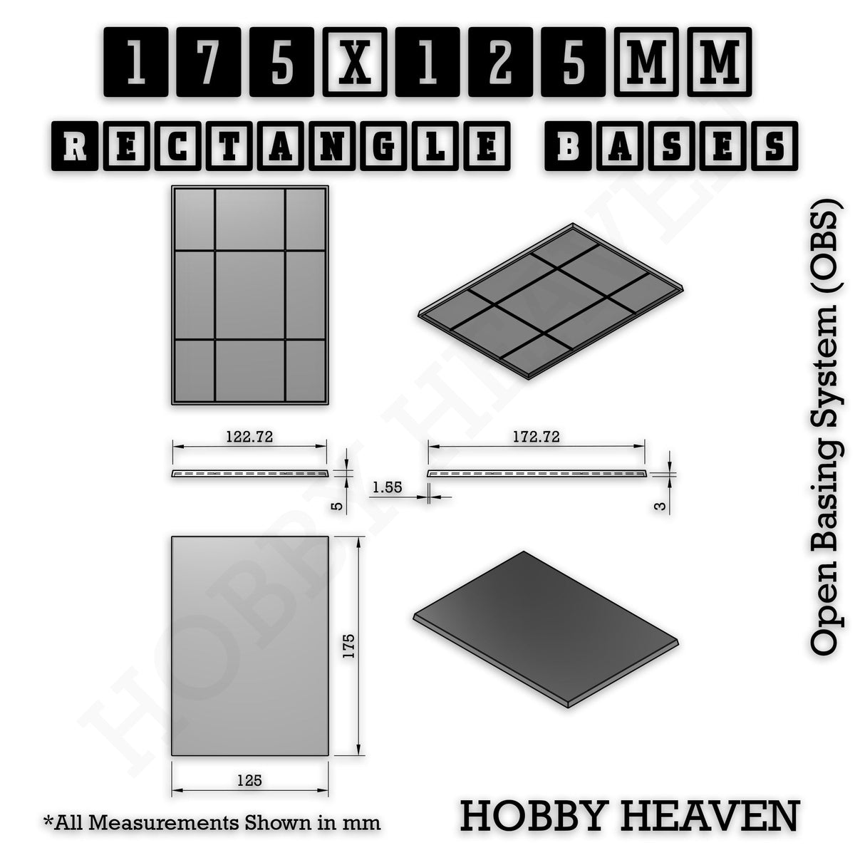Rectangle Bases Range Sizes - 125x50mm to 200x175mm Large Sizes 3d Print Full Range Tabletop Games