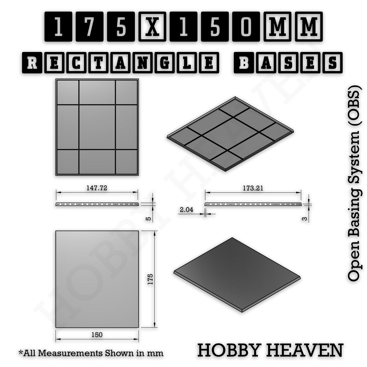 Rectangle Bases Range Sizes - 125x50mm to 200x175mm Large Sizes 3d Print Full Range Tabletop Games