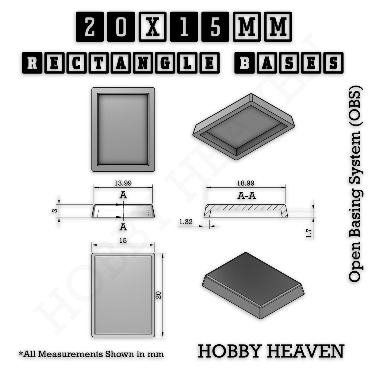 Rectangle Bases Small Sizes - 20x15mm to 75x25mm and up to 60x50mm Wide - 3D Print Tabletop Games