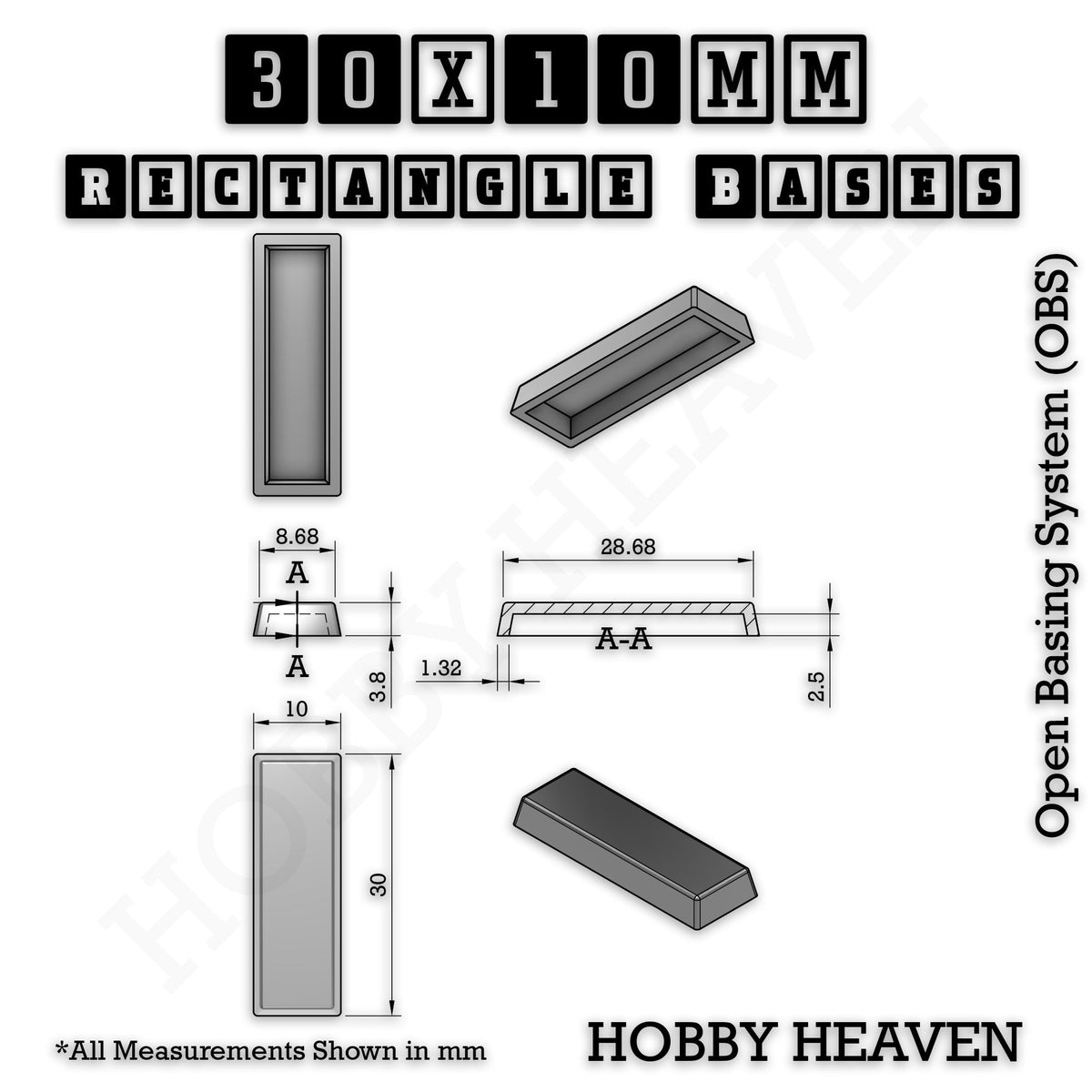 Rectangle Bases Medium Sizes - 75x30mm to 125x40mm and up to 100x90mm Wide - 3D Print Tabletop Games