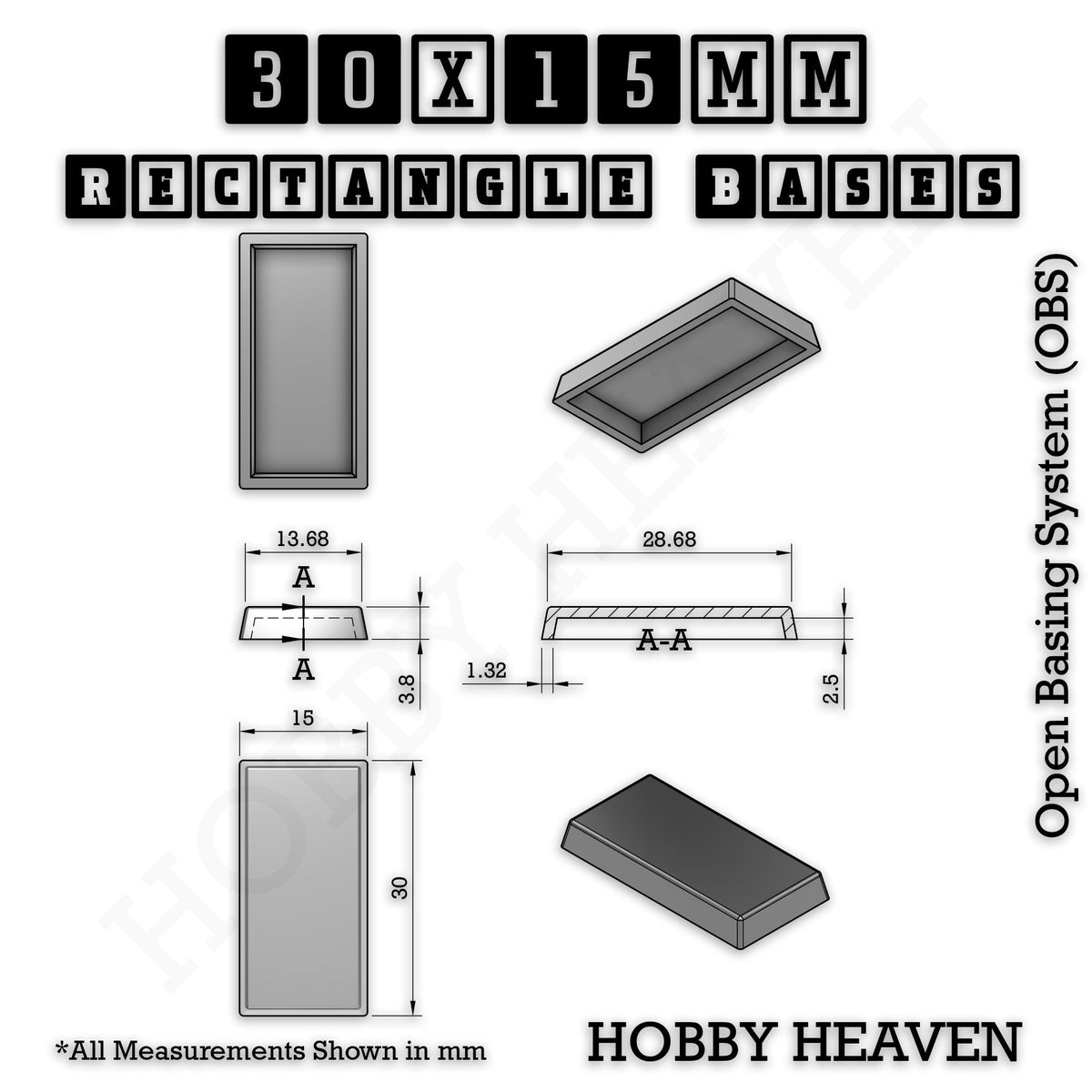 Rectangle Bases Small Sizes - 20x15mm to 75x25mm and up to 60x50mm Wide - 3D Print Tabletop Games