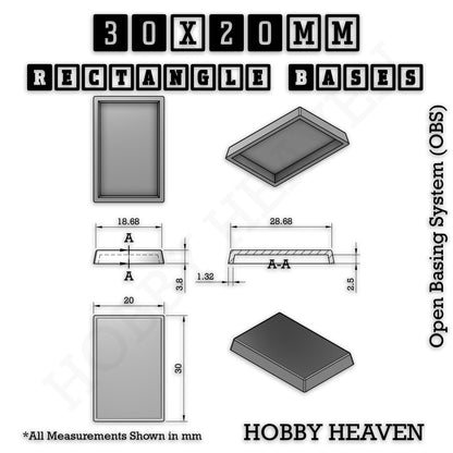 Rectangle Bases Medium Sizes - 75x30mm to 125x40mm and up to 100x90mm Wide - 3D Print Tabletop Games