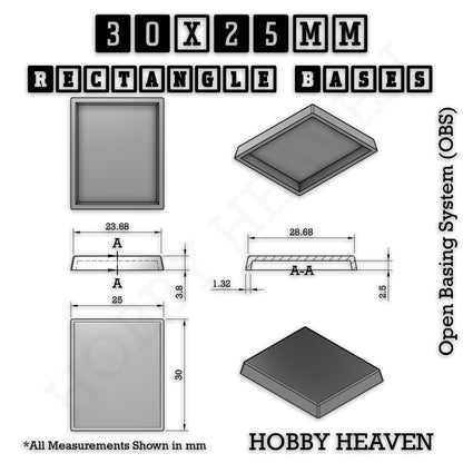 Rectangle Bases Medium Sizes - 75x30mm to 125x40mm and up to 100x90mm Wide - 3D Print Tabletop Games