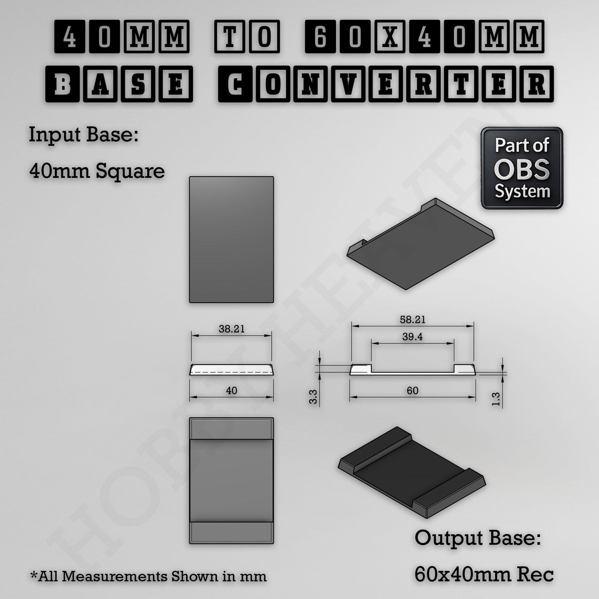 Square to Rectangle Bases Size Converters 3d Print Full Range