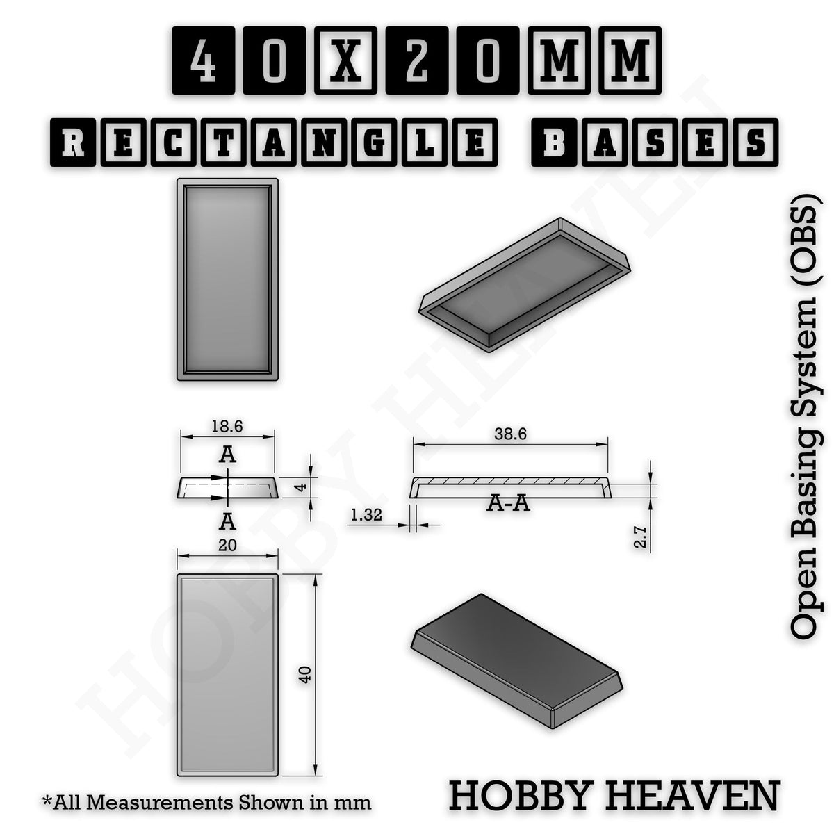 Rectangle Bases Medium Sizes - 75x30mm to 125x40mm and up to 100x90mm Wide - 3D Print Tabletop Games