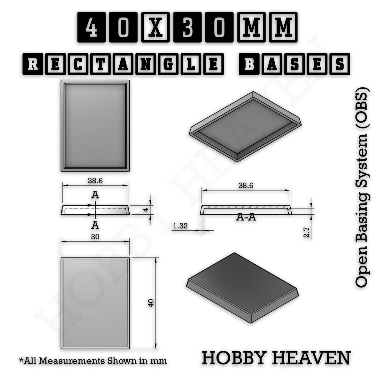 Rectangle Bases Small Sizes - 20x15mm to 75x25mm and up to 60x50mm Wide - 3D Print Tabletop Games