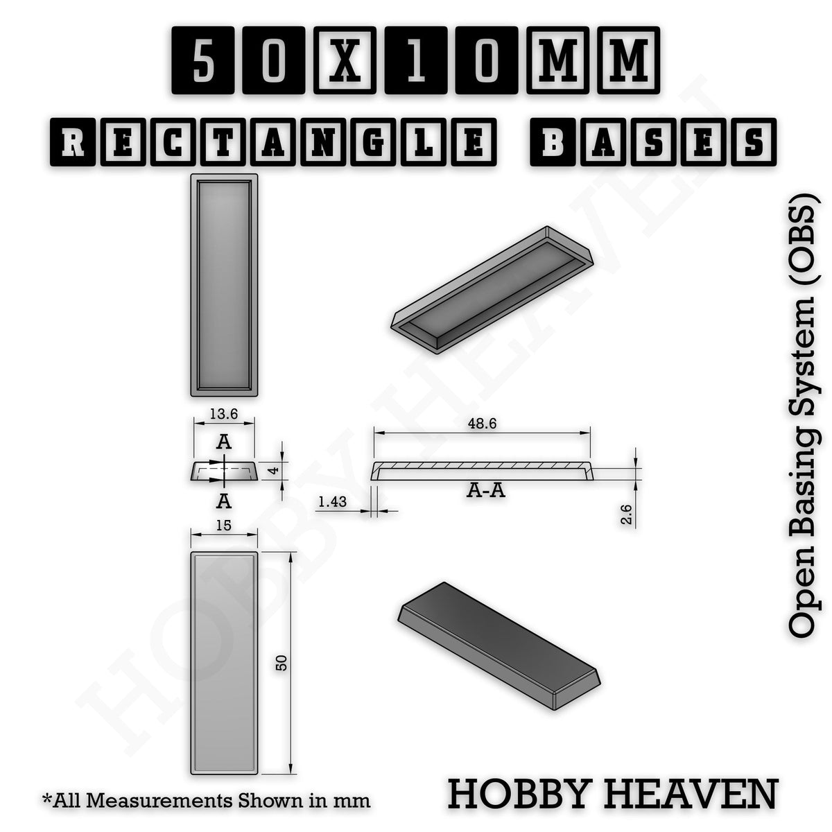 Rectangle Bases Small Sizes - 20x15mm to 75x25mm and up to 60x50mm Wide - 3D Print Tabletop Games