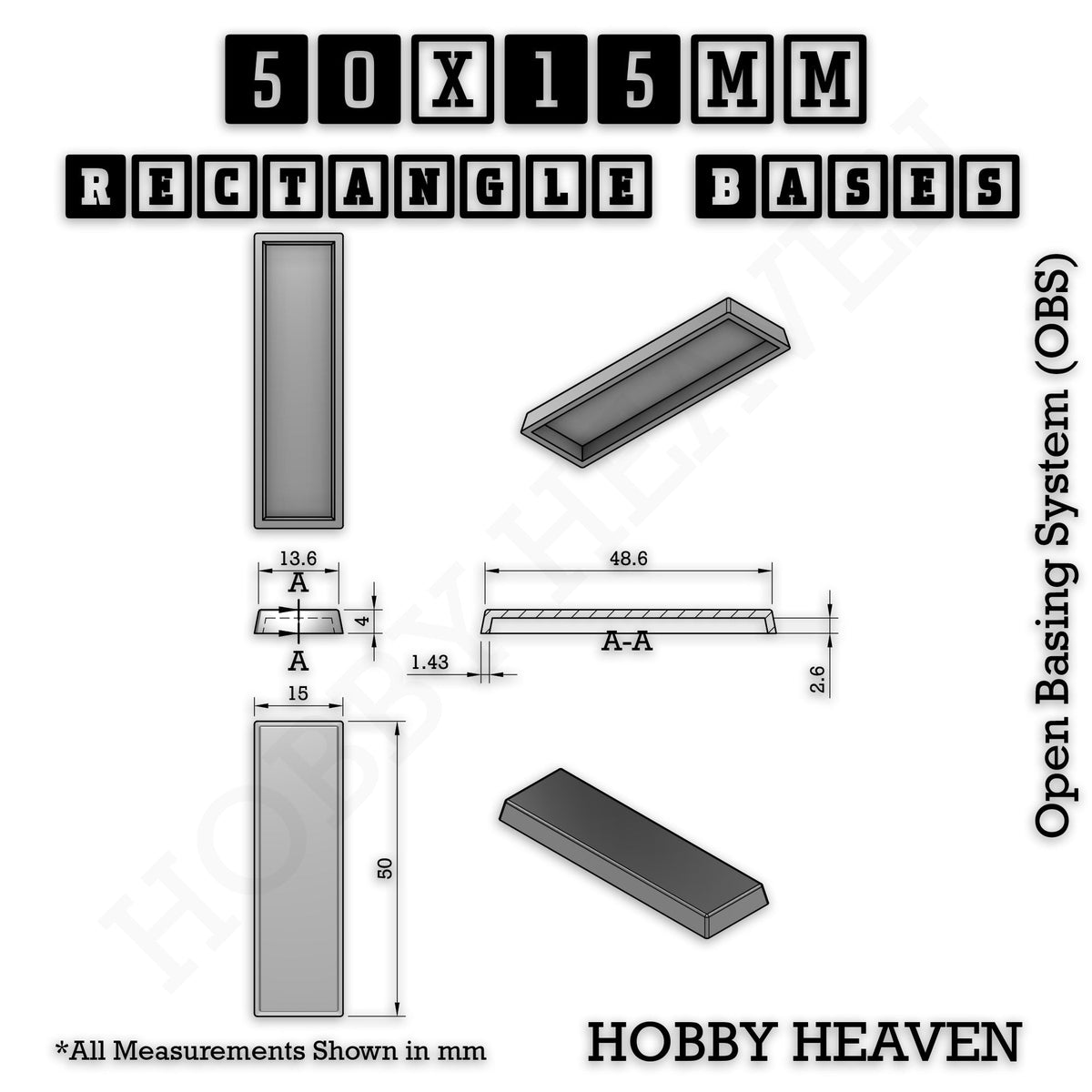 Rectangle Bases Medium Sizes - 75x30mm to 125x40mm and up to 100x90mm Wide - 3D Print Tabletop Games
