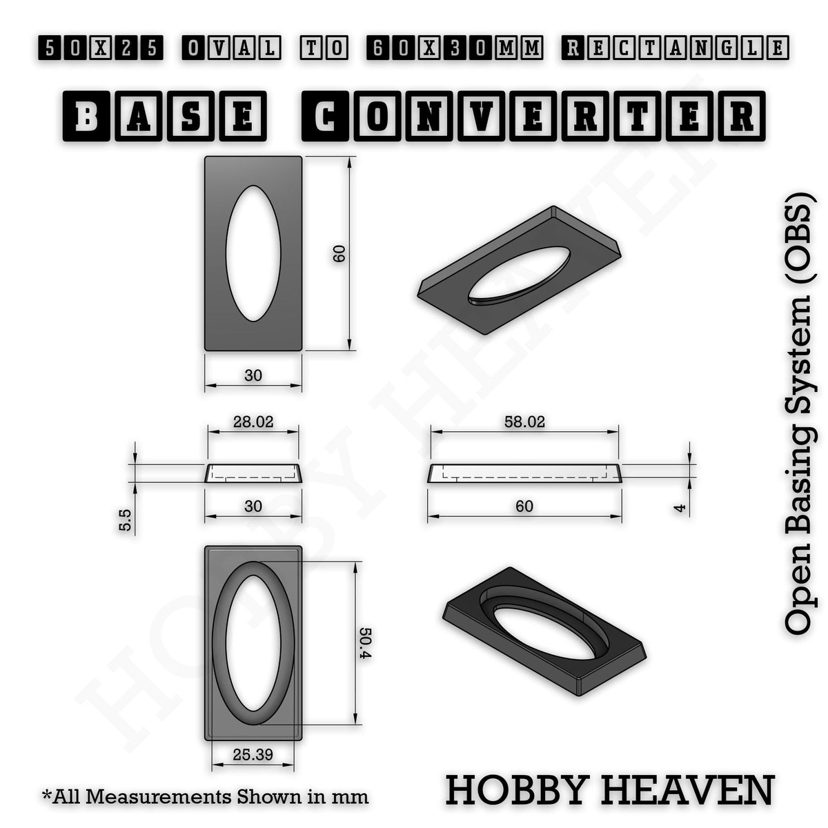 Oval to Rectangle Base Converters 3D Print Full Range