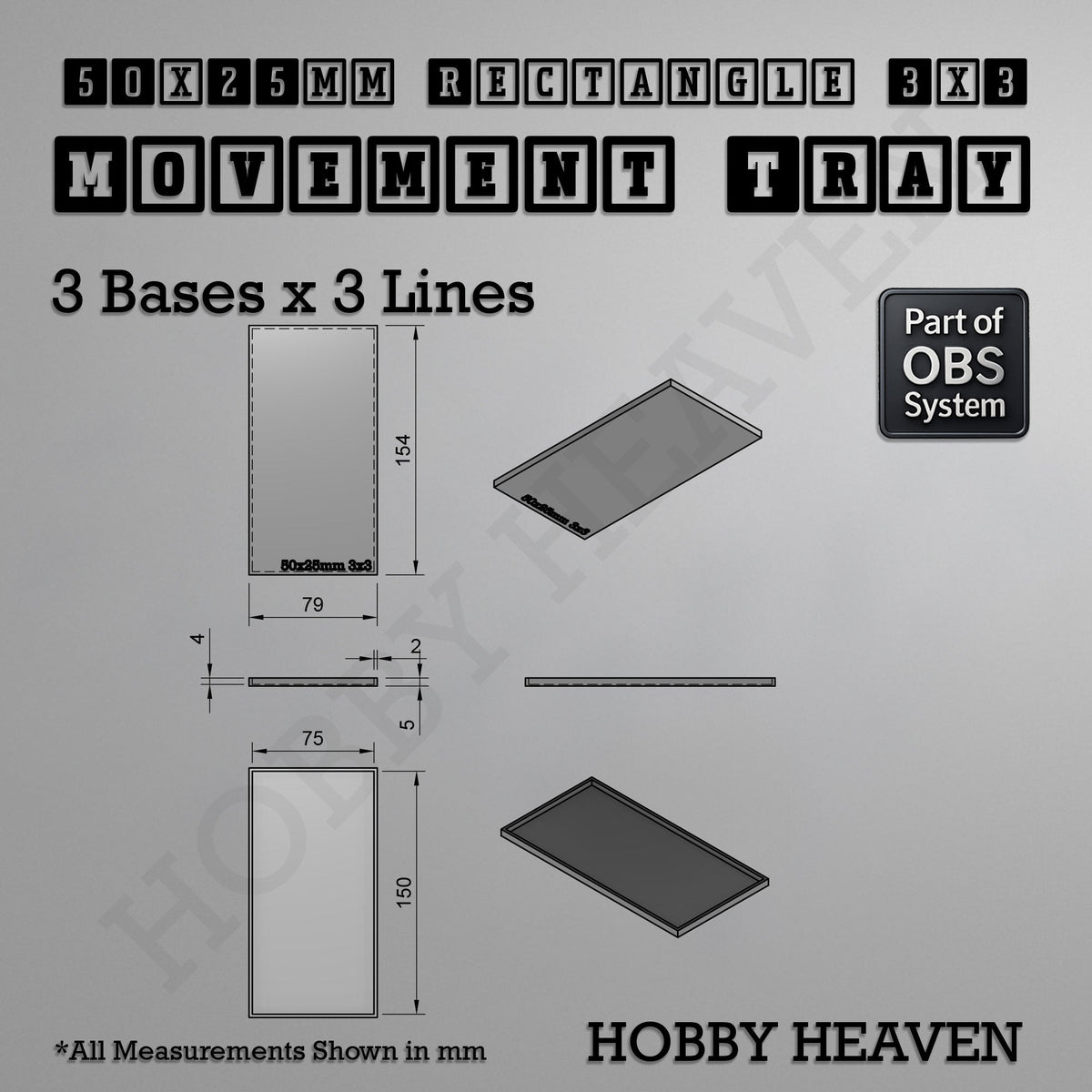 Rectangle Movement Trays | Cavalry & Monsters | 50×25-100×60mm | OBS System