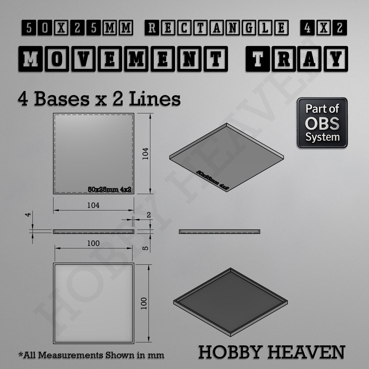 Rectangle Movement Trays | Cavalry & Monsters | 50×25-100×60mm | OBS System