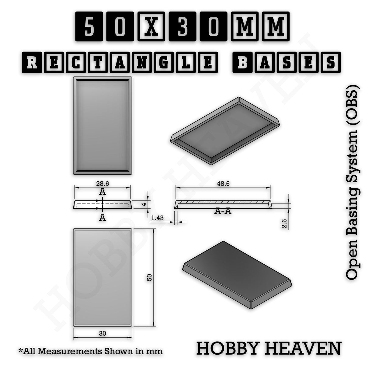 Rectangle Bases Small Sizes - 20x15mm to 75x25mm and up to 60x50mm Wide - 3D Print Tabletop Games
