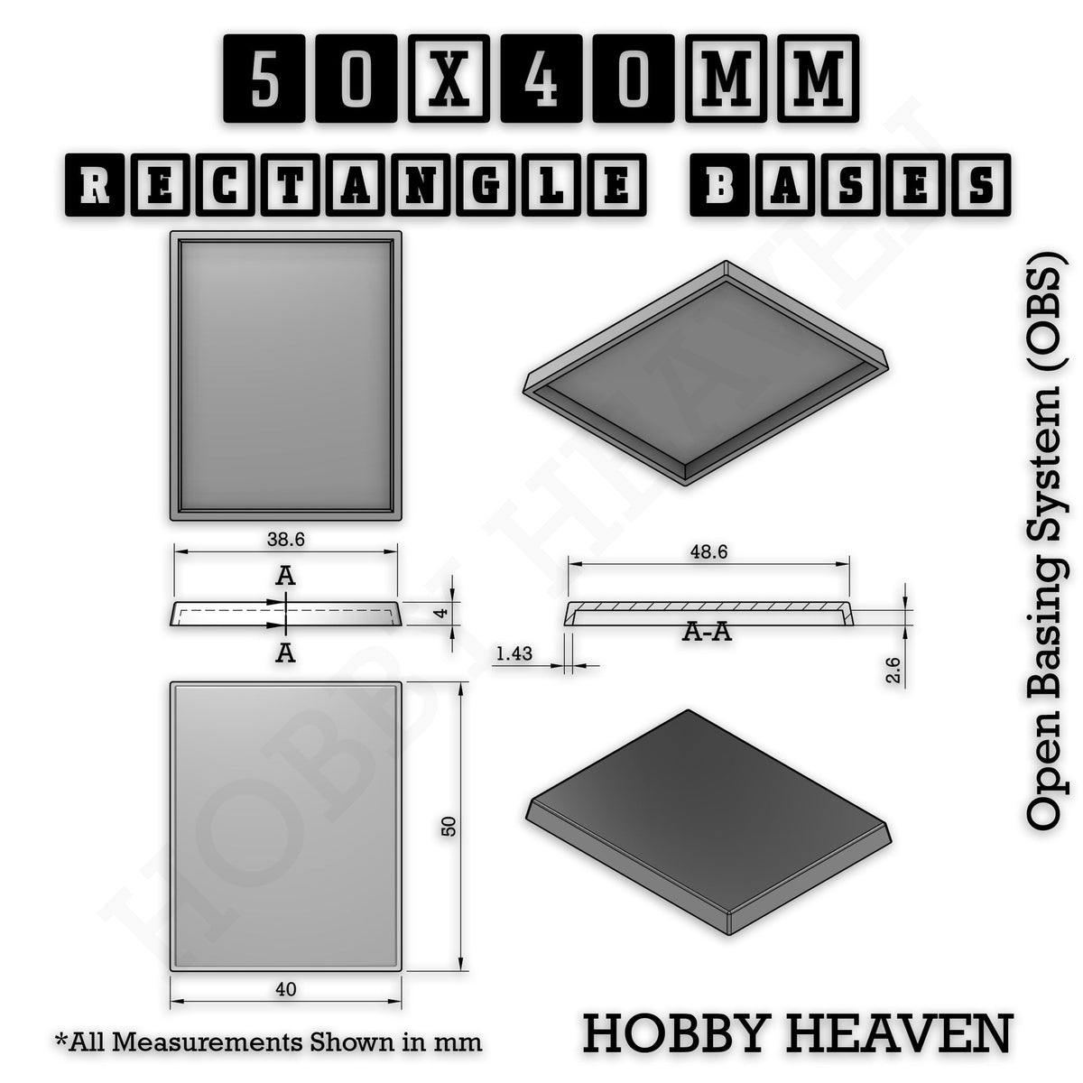 Rectangle Bases Small Sizes - 20x15mm to 75x25mm and up to 60x50mm Wide - 3D Print Tabletop Games