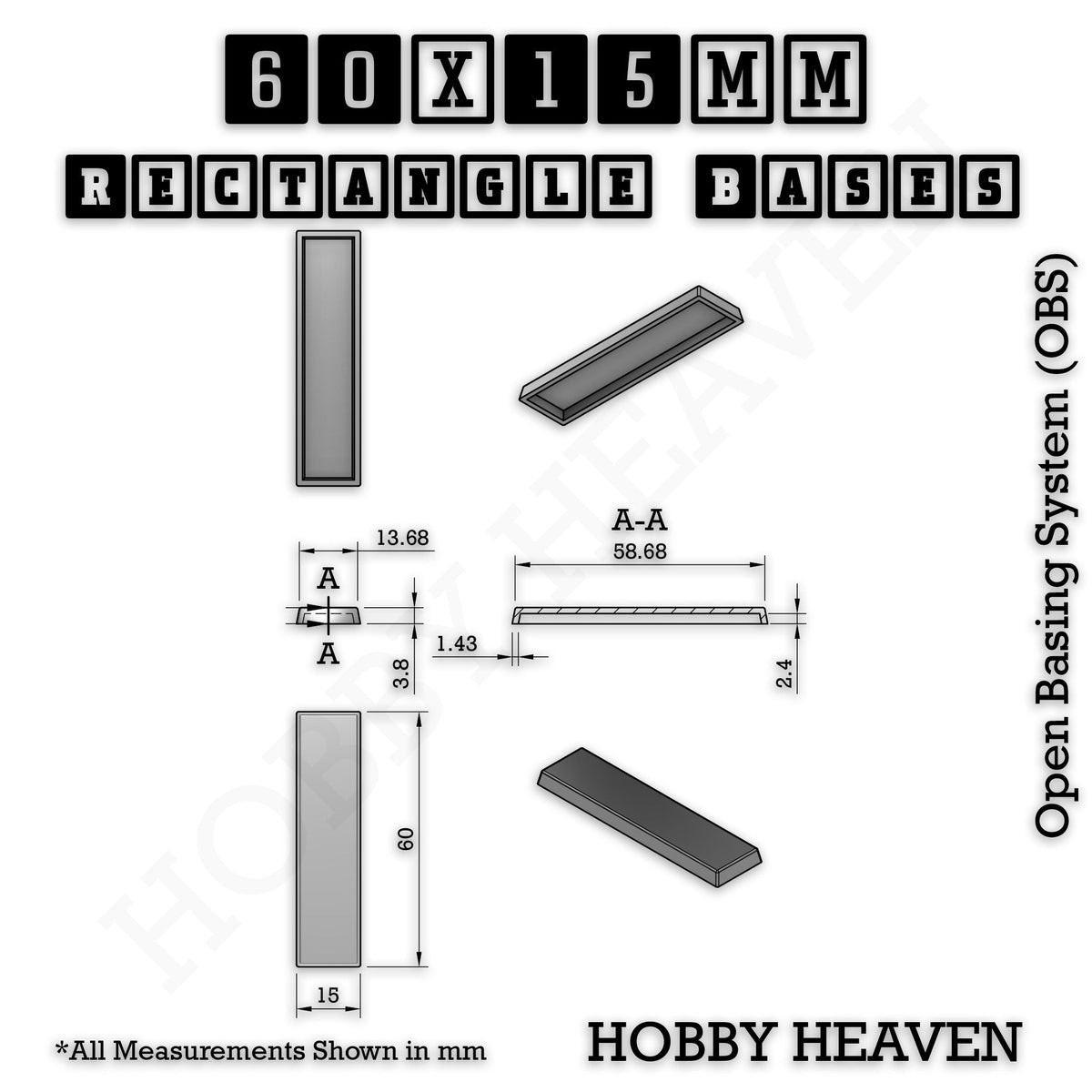 Rectangle Bases Medium Sizes - 75x30mm to 125x40mm and up to 100x90mm Wide - 3D Print Tabletop Games
