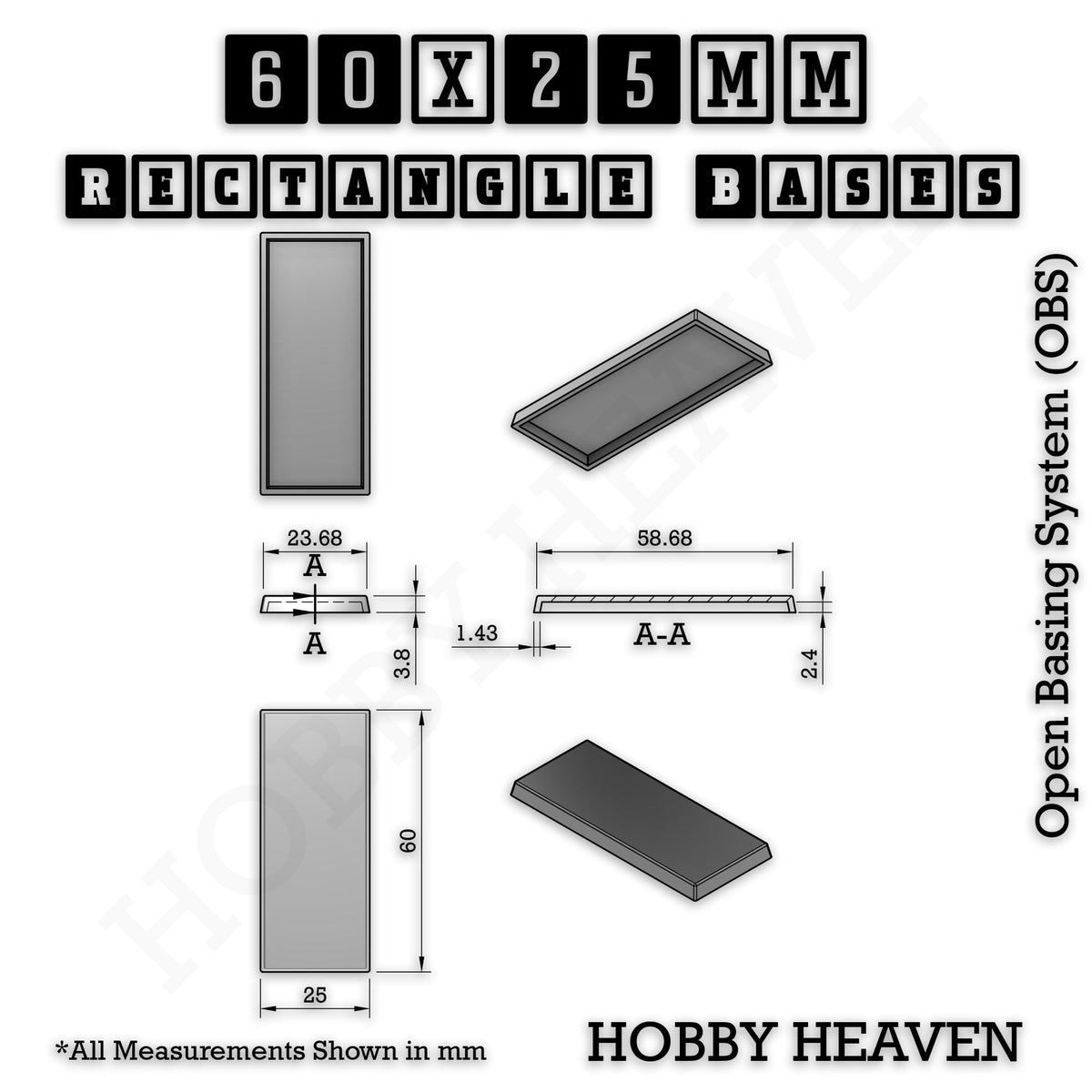 Rectangle Bases Medium Sizes - 75x30mm to 125x40mm and up to 100x90mm Wide - 3D Print Tabletop Games