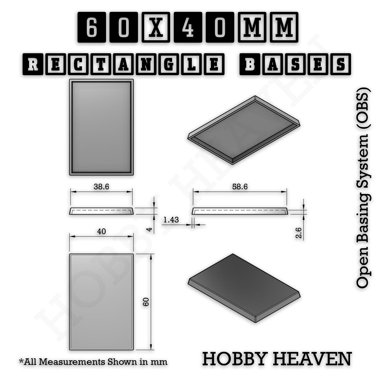 Rectangle Bases Small Sizes - 20x15mm to 75x25mm and up to 60x50mm Wide - 3D Print Tabletop Games