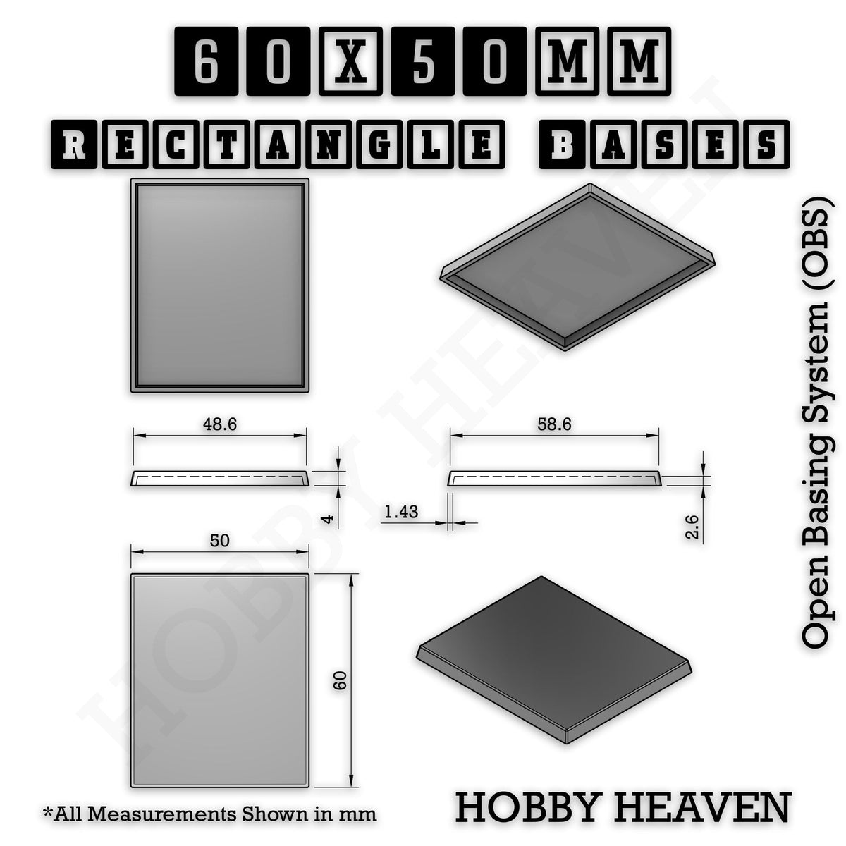Rectangle Bases Medium Sizes - 75x30mm to 125x40mm and up to 100x90mm Wide - 3D Print Tabletop Games