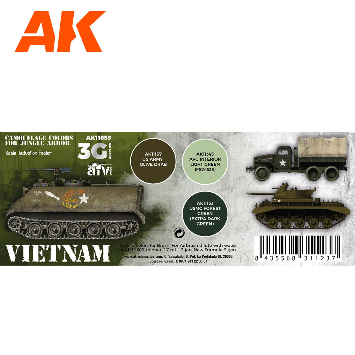 AK Interactive 3rd Gen AFV Paint Set - Vietnam Camouflage Colors for Jungle Colors AK11659