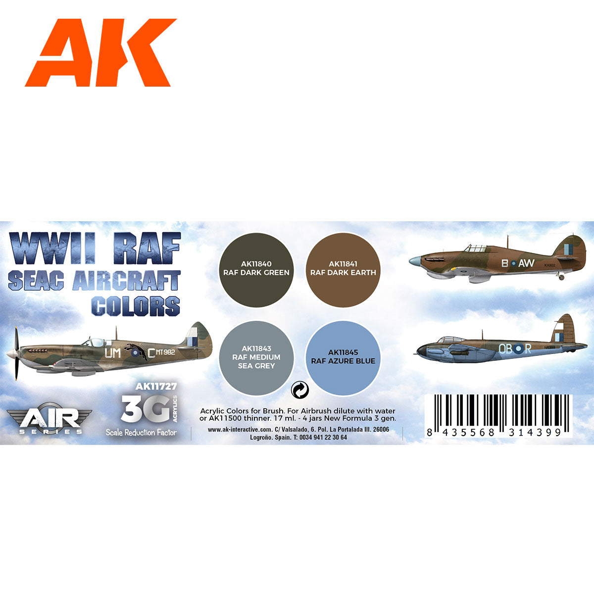 AK Interactive 3rd Gen Aircraft Paint Set - WWII RAF SEAC Aircraft Colors Set