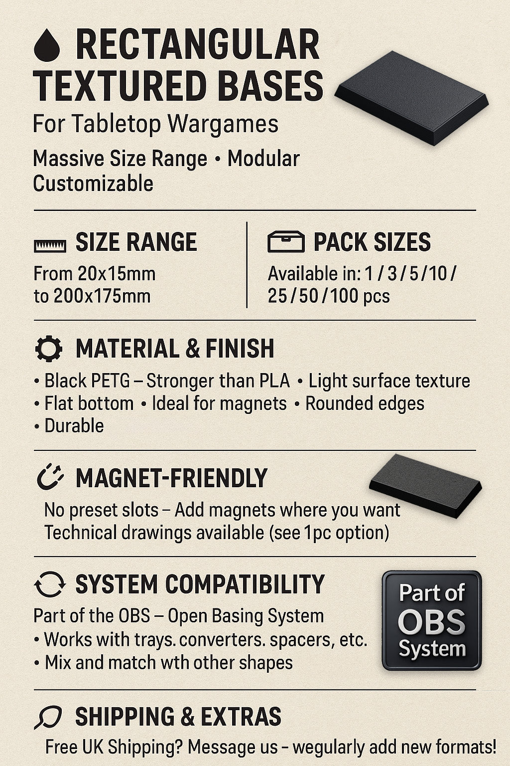 Rectangle Bases Small Sizes - 20x15mm to 75x25mm and up to 60x50mm Wide - 3D Print Tabletop Games