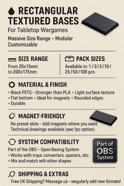 Rectangle Bases Medium Sizes - 75x30mm to 125x40mm and up to 100x90mm Wide - 3D Print Tabletop Games