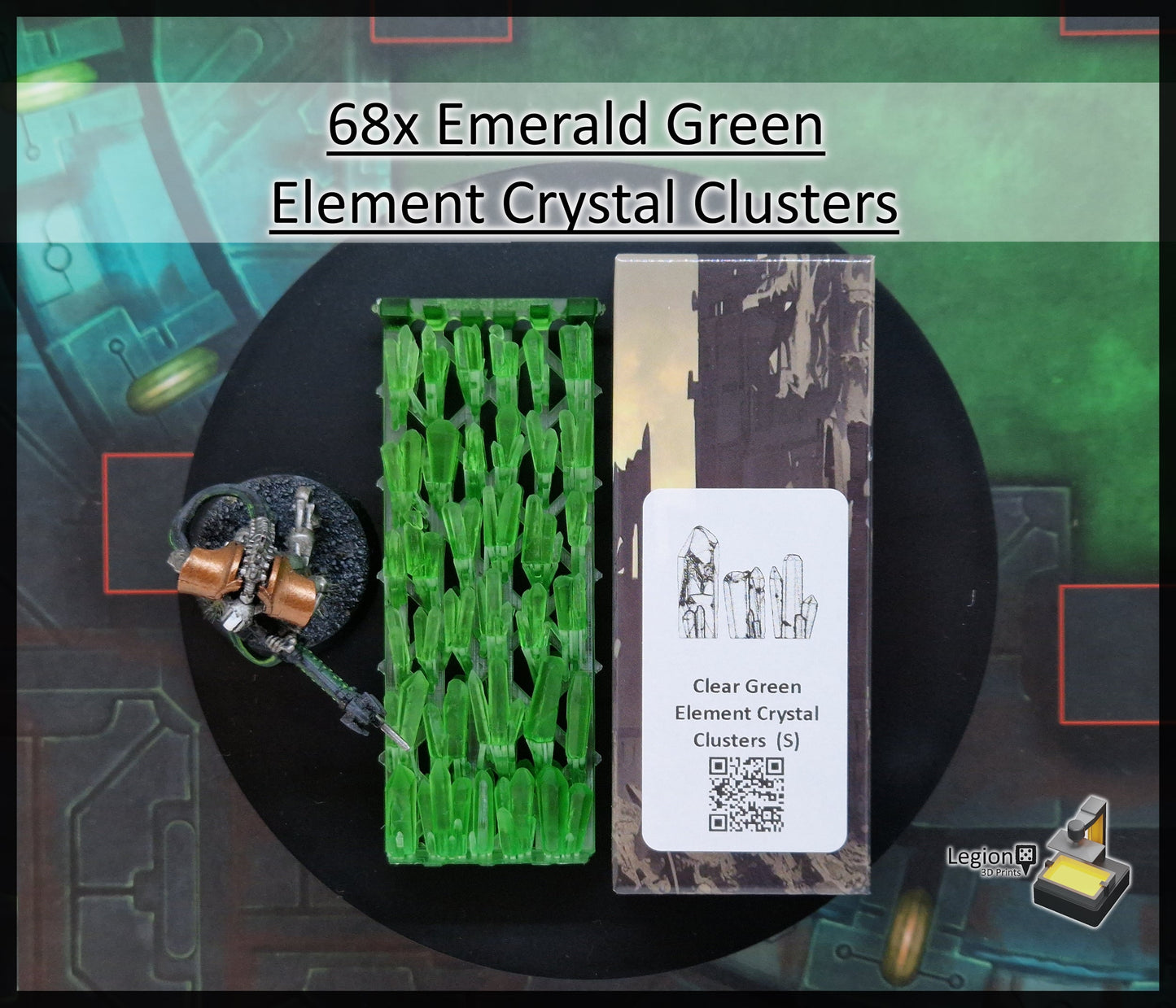 68x Element Crystal Clusters Packs in Green Blue Grey Red - for Wargaming Model Bases