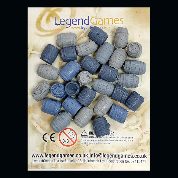 The complete set of barrels produced by Legend Games, includes sealed, open and broken versions. These require painting.