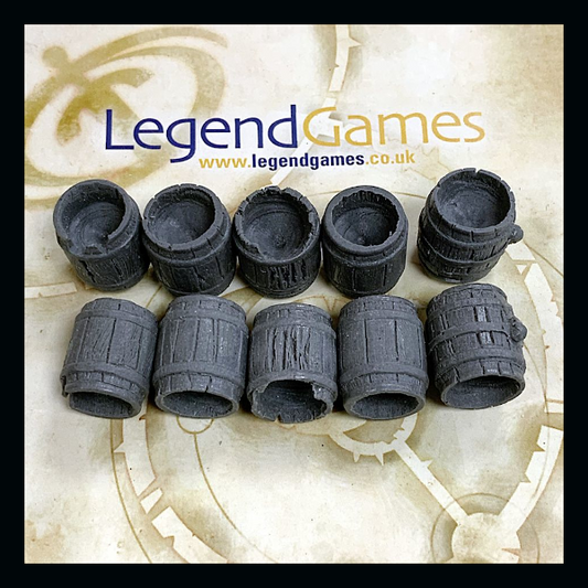 A lovely set of barrels, very detailed and lovingly cast by Legend Games. These require painting.