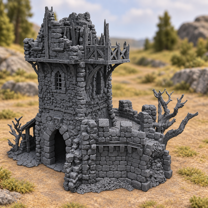 Ruined Black Lions Bastion Tower – 28mm Terrain, Unpainted