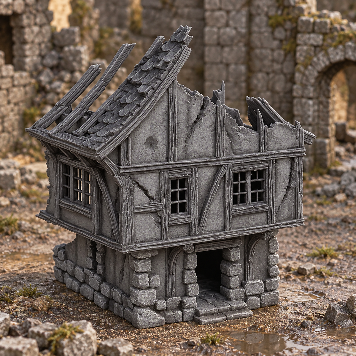Ruined Medieval House 28mm DND Terrain Set E | Wargaming Scenery for Frostgrave & RPG | Unpainted 3D Printed