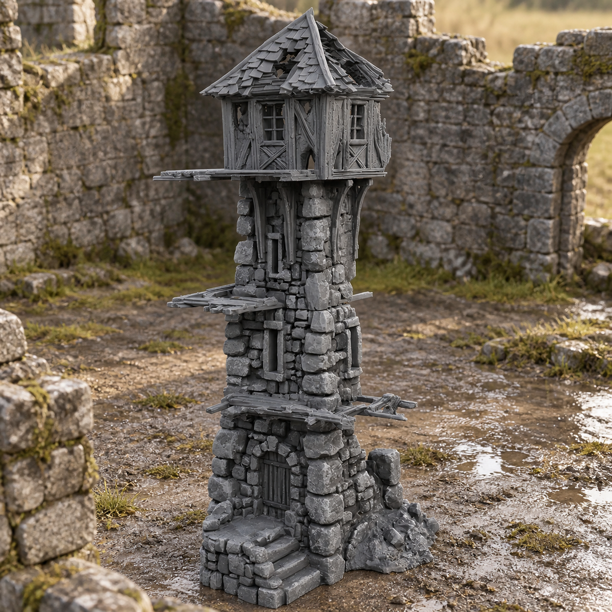 Ruined Medieval Tower 28mm DND Terrain | Tabletop Wargaming Scenery for Frostgrave & RPG | 3D Printed